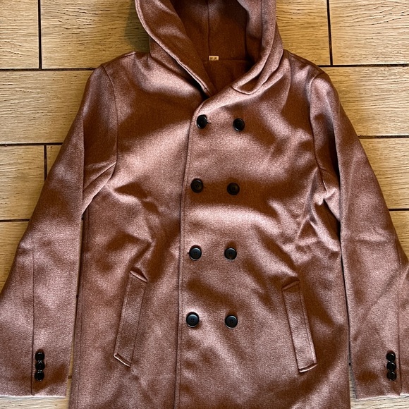 S Mens Double-breasted Hooded Jacket Parka Winter Outwear Tan Pea Coat Brown NWO - Picture 2 of 10